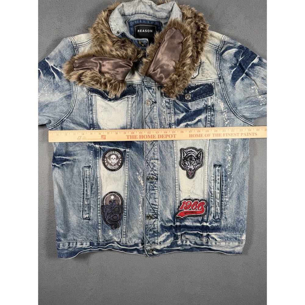 Reason Mulberry Moto Mens Acid Wash Graphic Denim Jacket 2XL Faux Fur Blue - Picture 5 of 8